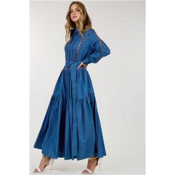 Long Sleeve Maxi Dress/ Lace Detailing/ With Belt- Denim Color - Picture 4 of 6